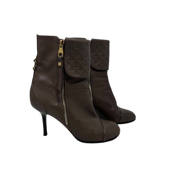 Louis Vuitton Brown Leather Monogram Ankle Boots womens sizes 37 7 zipper - Picture 1 of 16